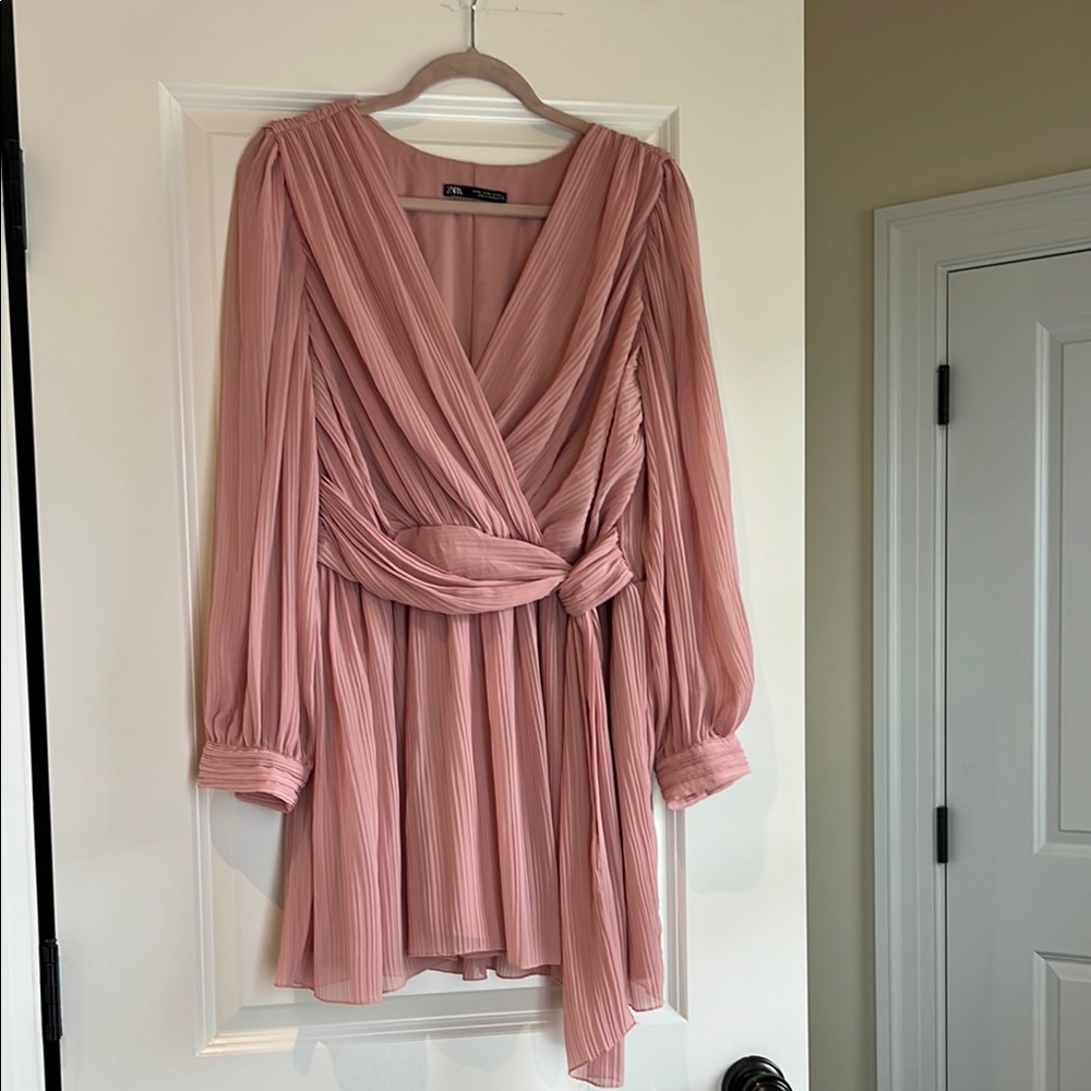 Zara Pink, Pleaded, Dress with Bishop Sleeves